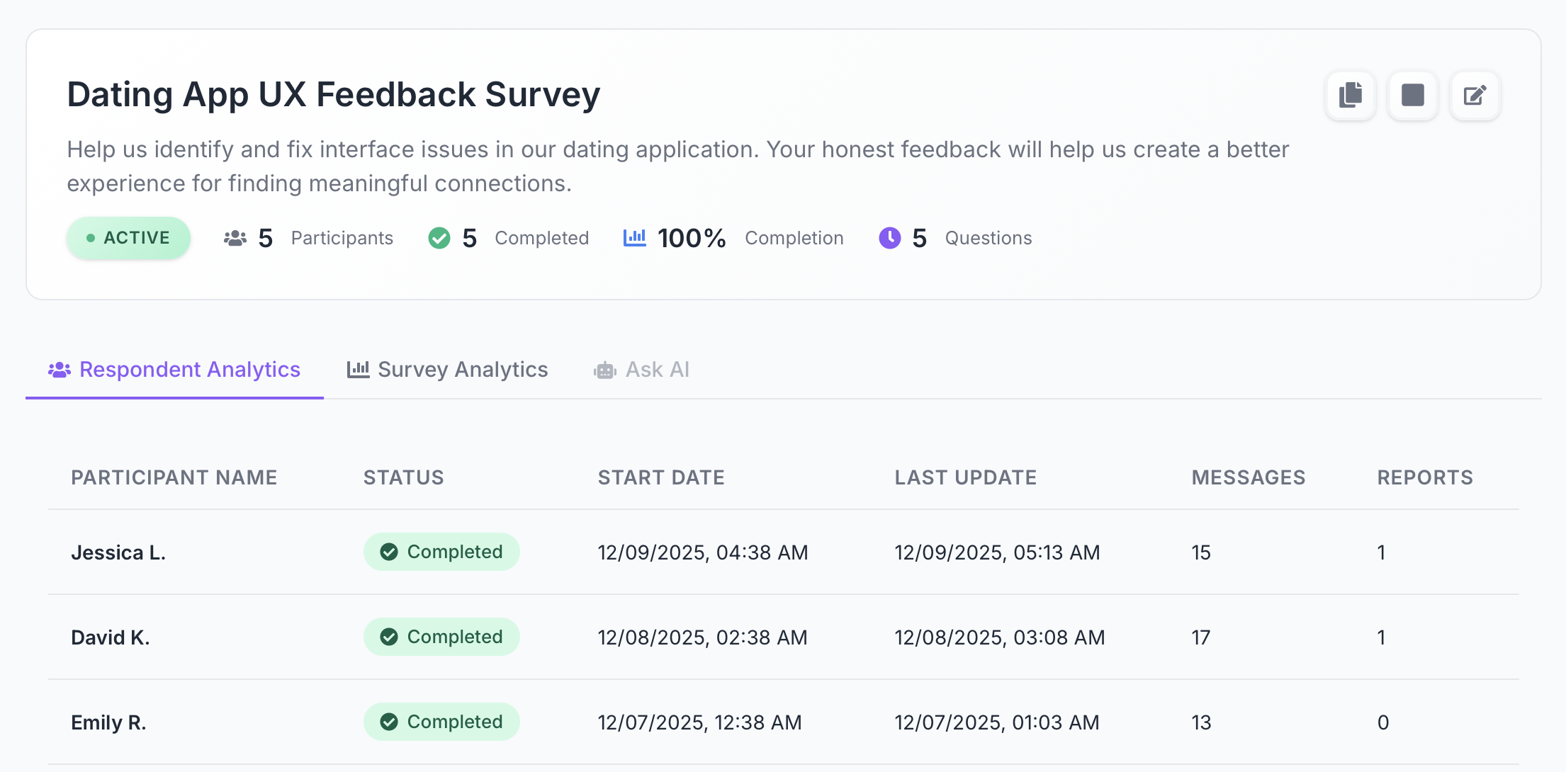 Survey analytics dashboard showing respondent list
